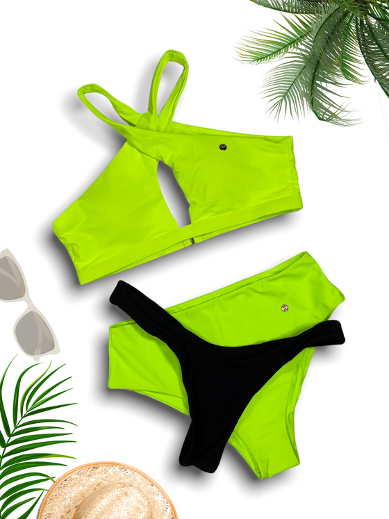 BIKINI HIGH CUT & SOLID NEON LIME TOP CROSS