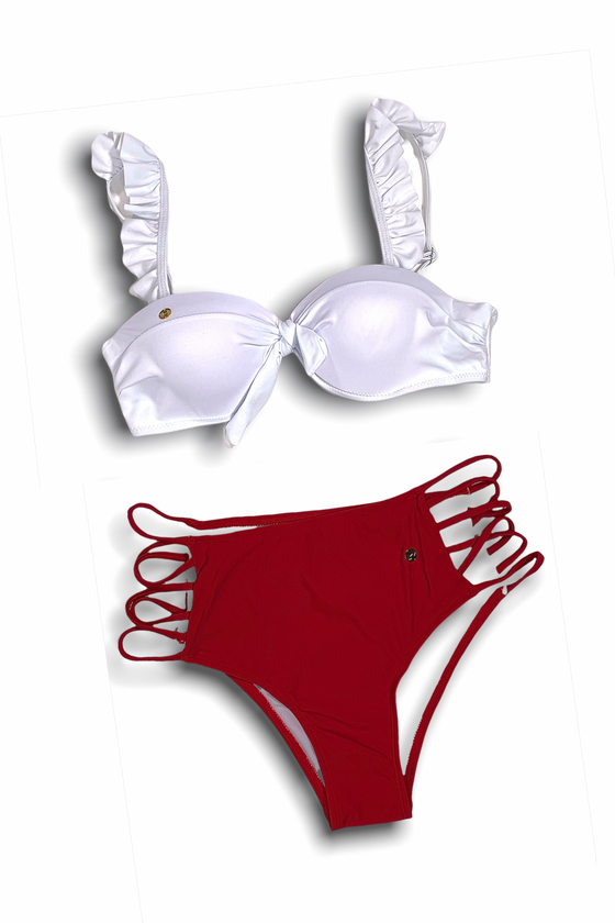 BIKINI HIGH RED PLAIN CUT-OUT HALTER SWIMSUIT & WHITE PUSH UP