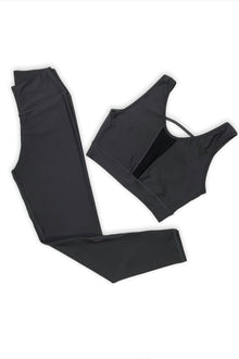  HIGH STRETCH SOLID SOFTNESS BACK H-STRAPS BRA & HIGH WIDE WAIST LEGGINGS DARK GRAY