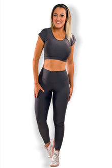  CROP TOP SHORT SLEEVES CUT-OUT BACK SPORTS BRA & HIGH WIDE WAIST LEGGINGS DARK GRAY