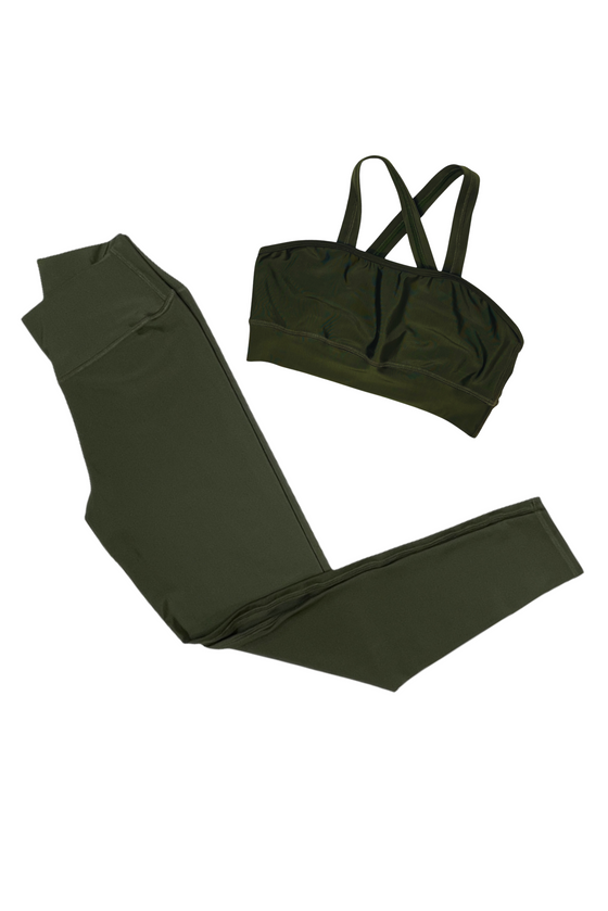 HIGH STRETCH SOLID SOFTNESS CROSS BRA & HIGH WIDE WAIST LEGGINGS DARK GREEN