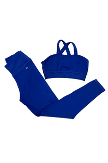  HIGH STRETCH SOLID SOFTNESS CROSS BRA & HIGH WIDE WAIST LEGGINGS BLUE