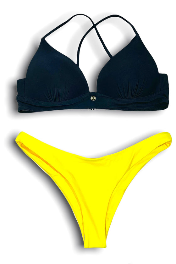 YELLOW THONG BIKINI & BLACK PUSH UP TOP